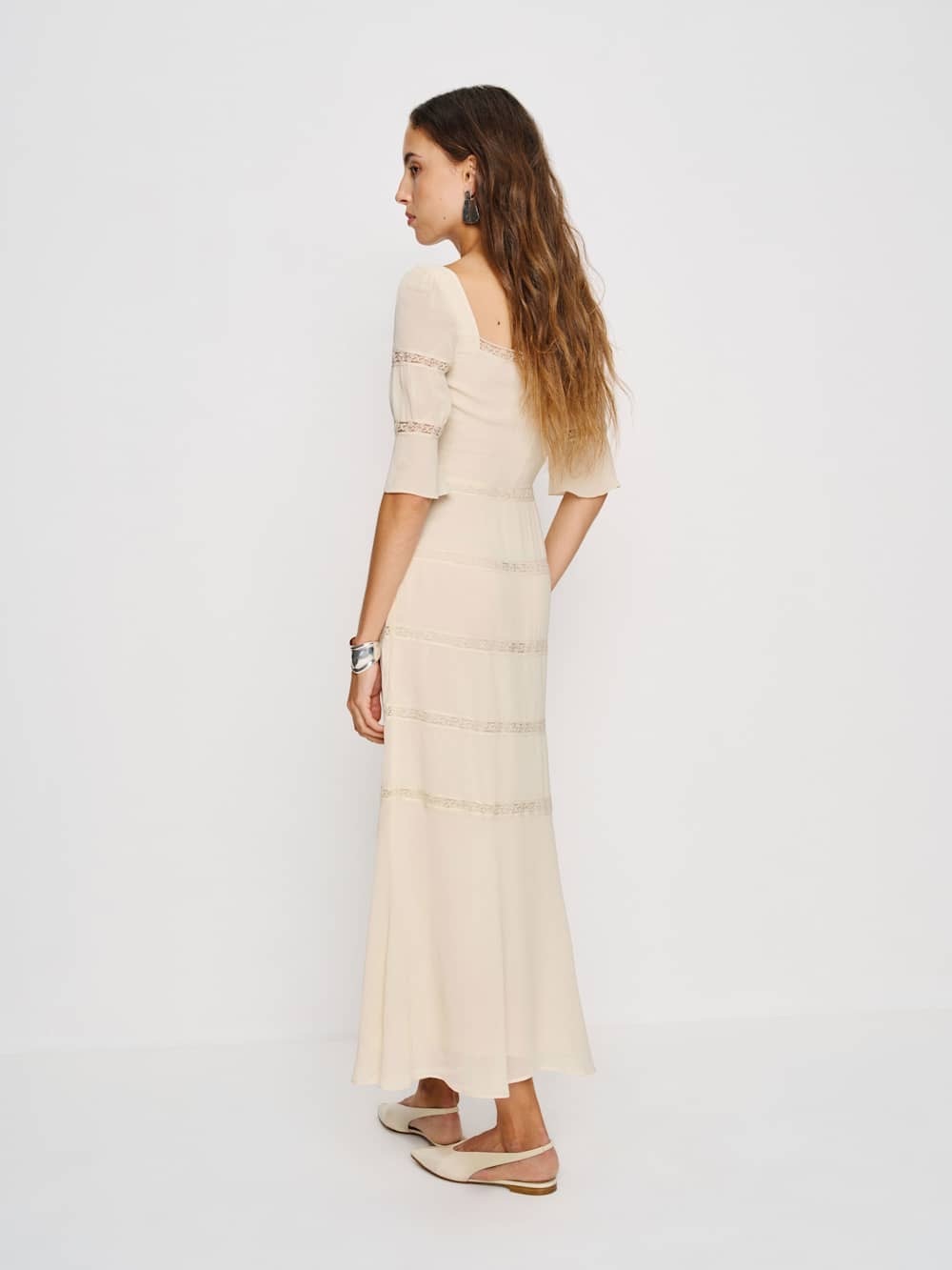 new Reformation Laverna lace inset mid bell sleeve midi dress in cream - Picture 3 of 11